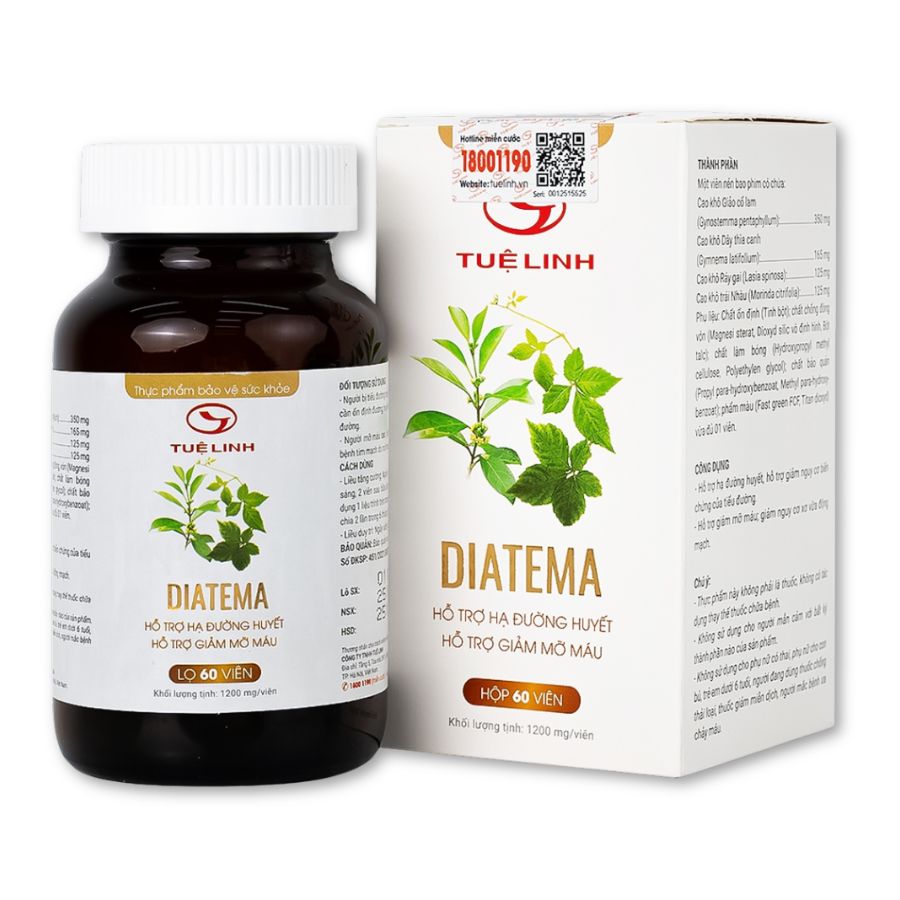Thực phẩm hỗ trợ sức khoẻ Diatema Tuệ Linh giúp hạ đường huyết, giảm mỡ máu (Hộp 60 viên)