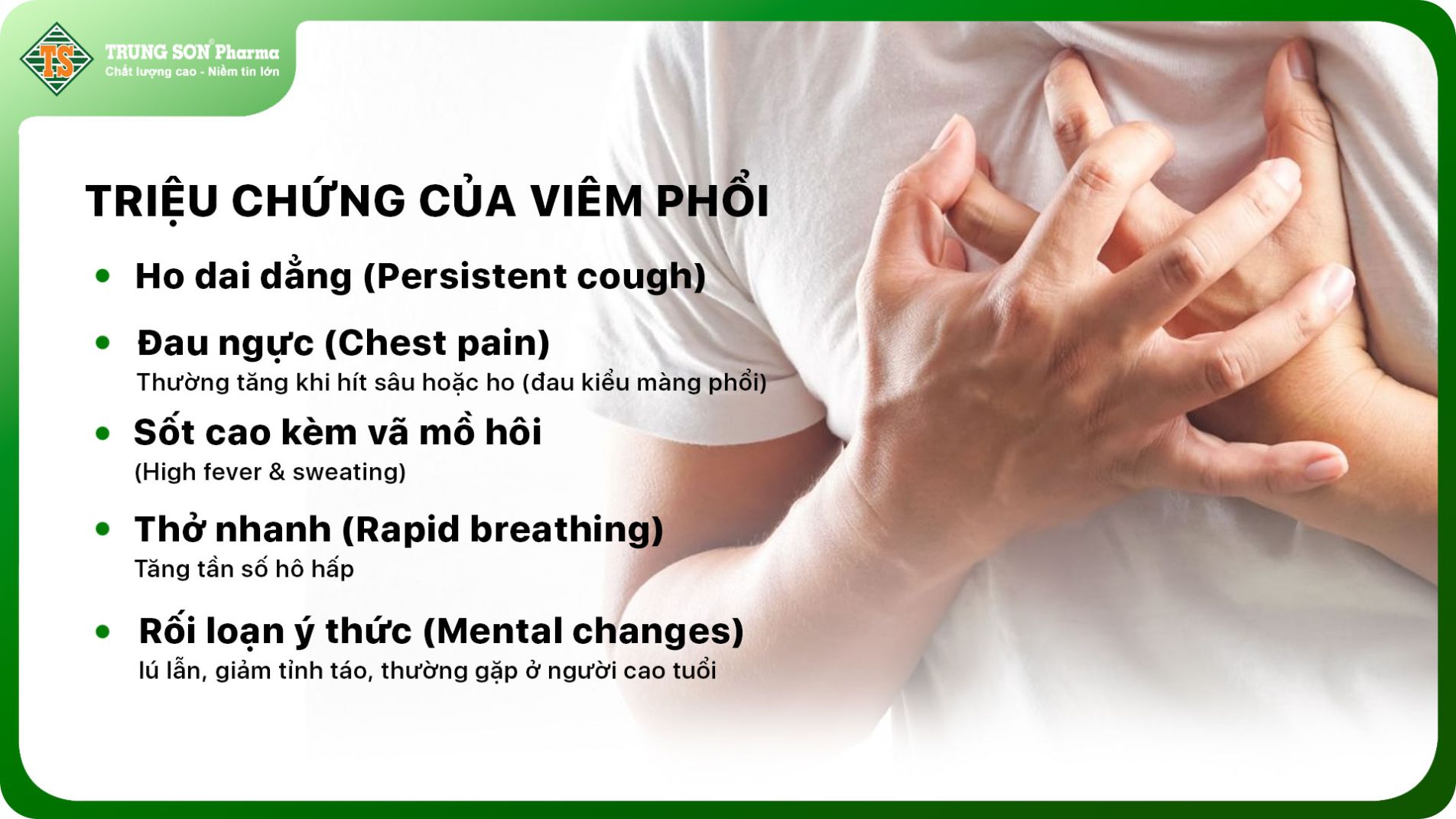 Triệu chứng viêm phổi thường khởi phát đột ngột hoặc dần dần, tùy thuộc vào nguyên nhân