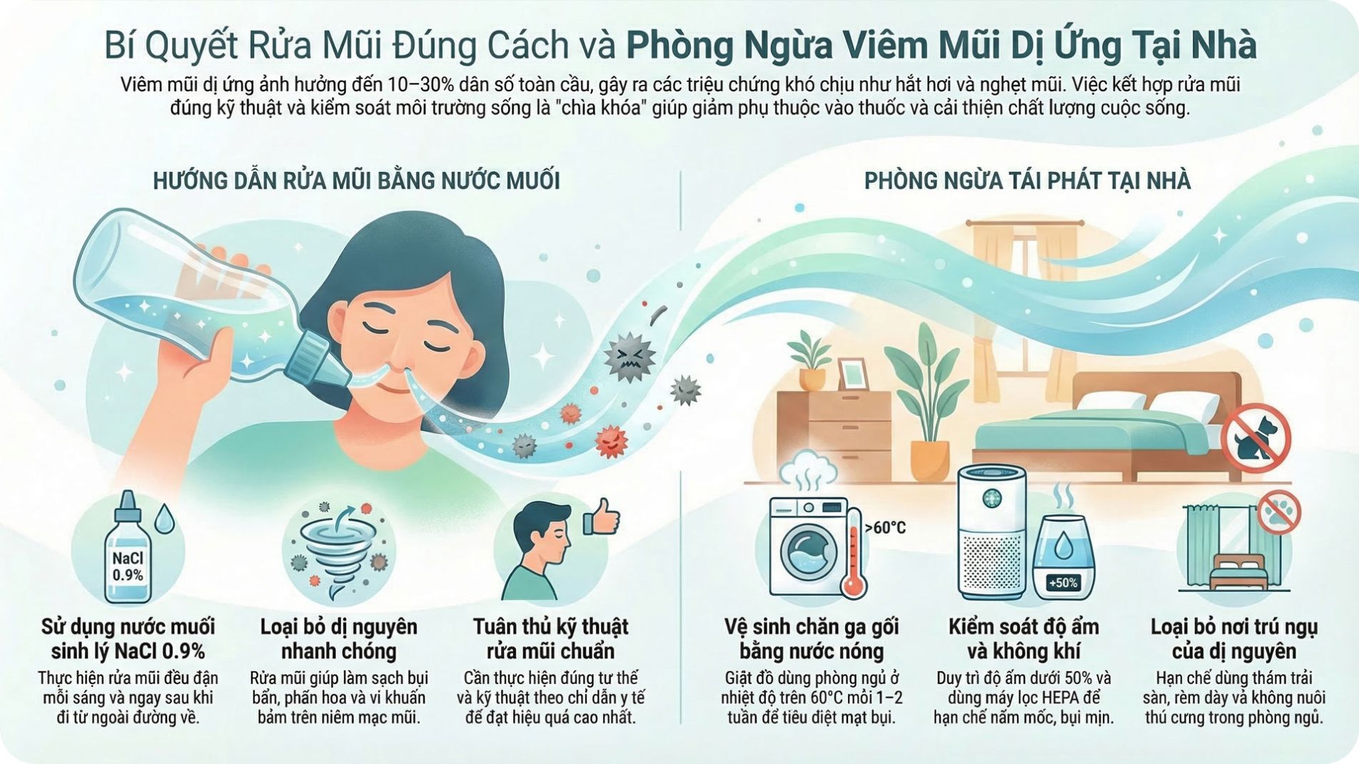 Hướng dẫn rửa mũi bằng nước muối và phòng ngừa viêm mũi dị ứng tại nhà