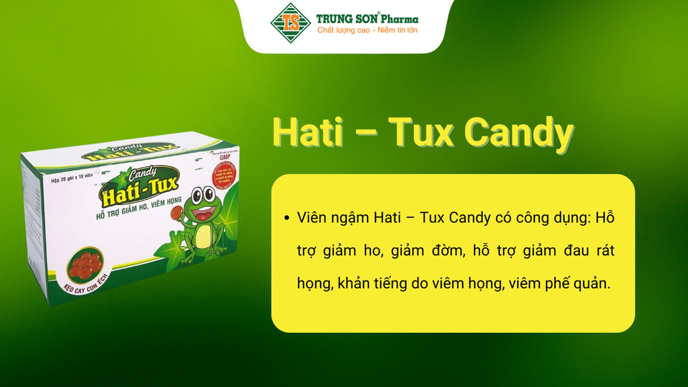 Viên ngậm Hati – Tux Candy hỗ trợ giảm ho, giảm đờm, khàn tiếng, viêm phế quản (20 gói)