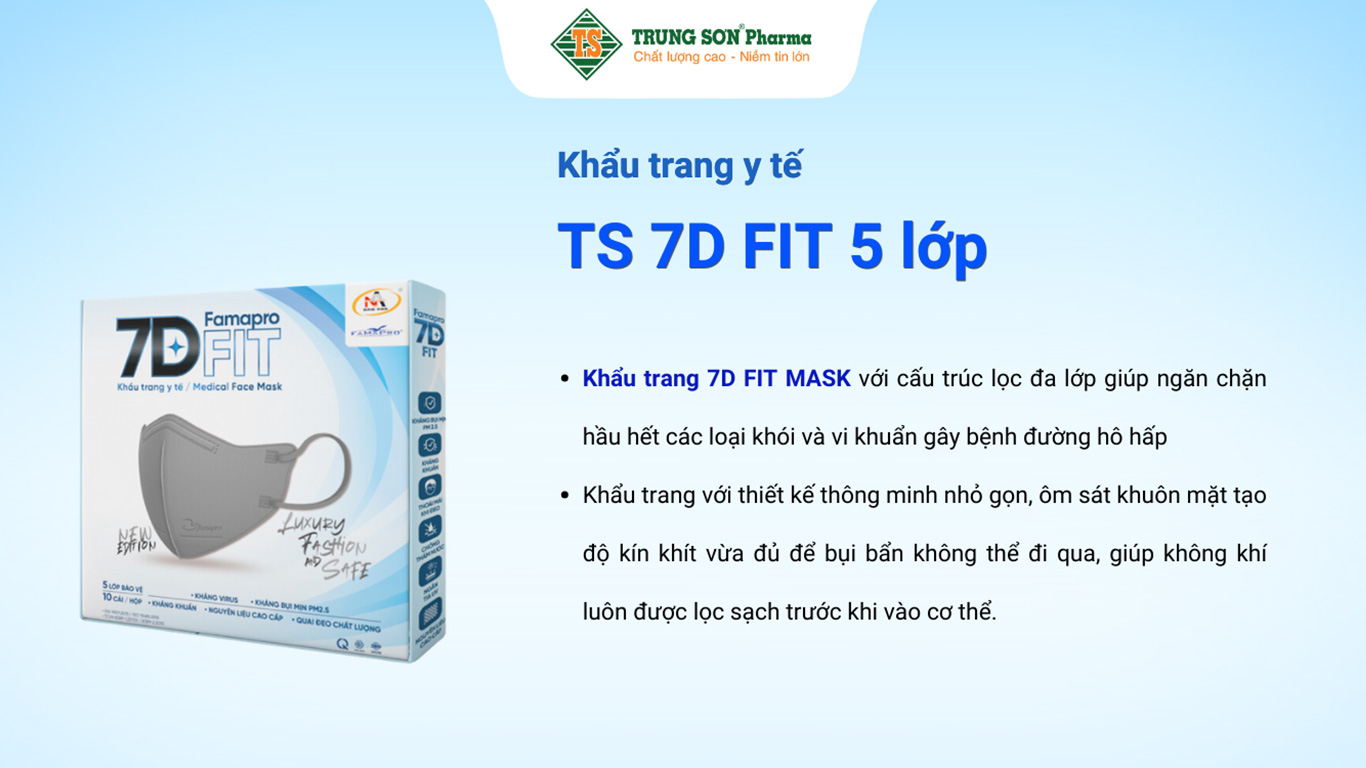 Khẩu trang y tế  KTYT TS 7D FIT trắng cao cấp kháng khuẩn 5 lớp (10 cái/ hộp) 