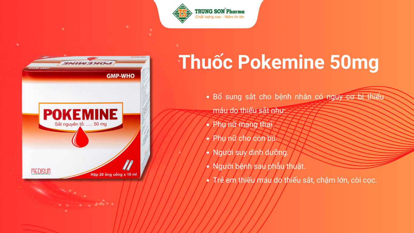 Thuốc Pokemine 50mg Medisun bổ sung sắt cho bệnh nhân thiếu máu (20 ống x 10ml)