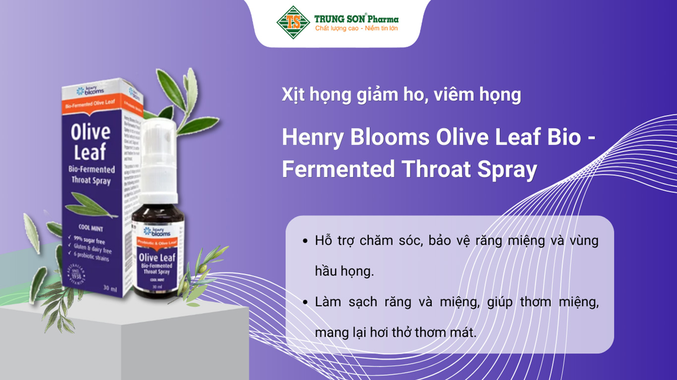 Xịt họng Henry Blooms Olive Leaf Bio-Fermented Throat Spray hỗ trợ giảm ho, viêm họng (30ml)