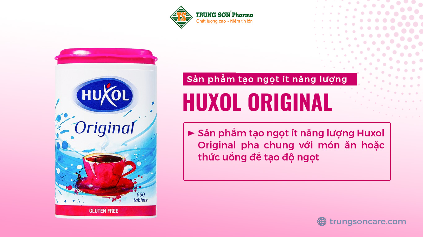 Sản phẩm tạo ngọt ít năng lượng Huxol Original pha chung với món ăn hoặc thức uống để tạo độ ngọt