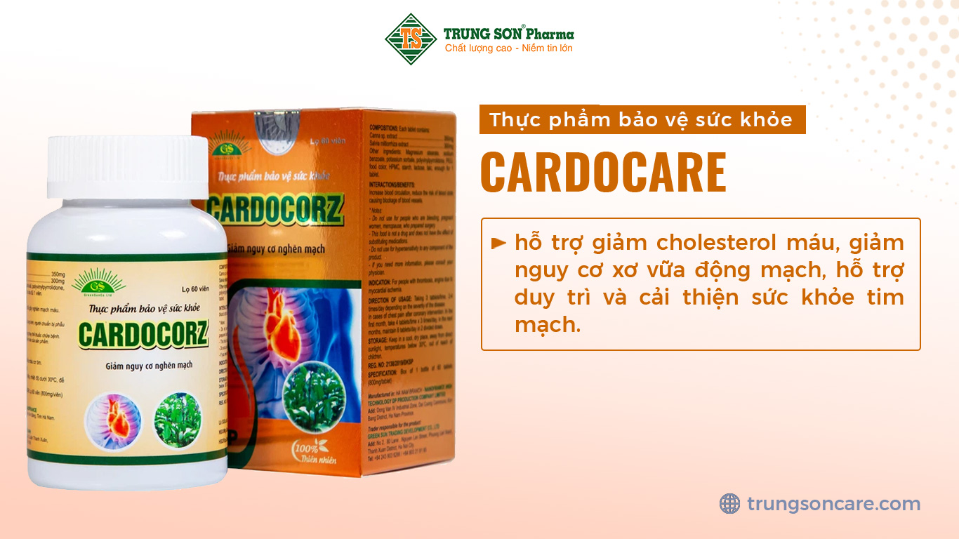 Thực phẩm bảo vệ sức khỏe CARDOCARE hỗ trợ giảm cholesterol máu, giảm nguy cơ xơ vữa động mạch, hỗ trợ duy trì và cải thiện sức khỏe tim mạch.