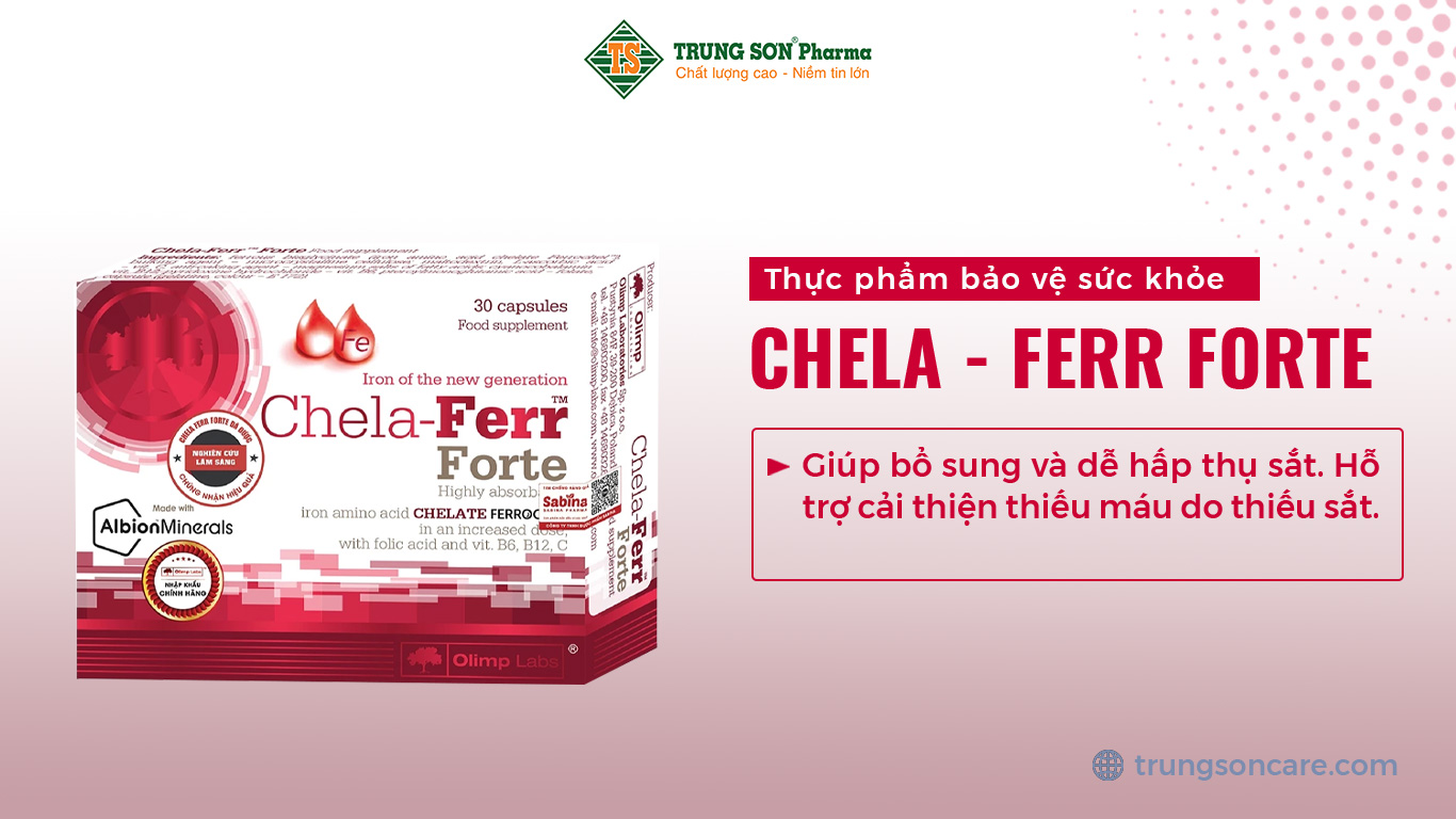 Thực phẩm bảo vệ sức khoẻ CHELA - FERR FORTE có chứa sắt Ferrochel ® ở dạng axit amin chelate. Giúp bổ sung và dễ hấp thụ sắt. Hỗ trợ cải thiện thiếu máu do thiếu sắt.