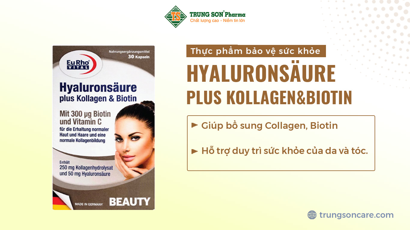 Thực phẩm bảo vệ sức khỏe EuRho® Vital Hyaluronsäure Plus Kollagen&Biotin giúp bổ sung Collagen, Biotin Hỗ trợ duy trì sức khỏe của da và tóc.