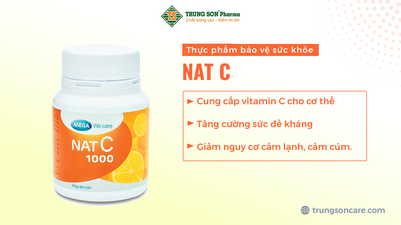 Thực phẩm bảo vệ sức khỏe MEGA We Care NAT C cung cấp vitamin C cho cơ thể, tăng cường sức đề kháng ,giảm nguy cơ cảm lạnh, cảm cúm.