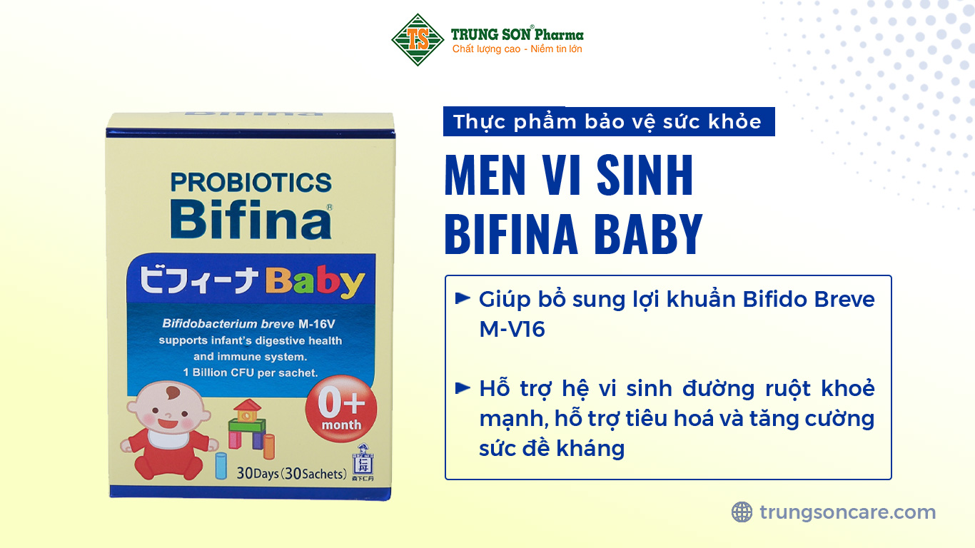 Probiotics Bifina Baby giúp bổ sung lợi khuẩn Bifido Breve M-V16, hỗ trợ hệ vi sinh đường ruột khoẻ mạnh, hỗ trợ tiêu hoá và tăng cường sức đề kháng