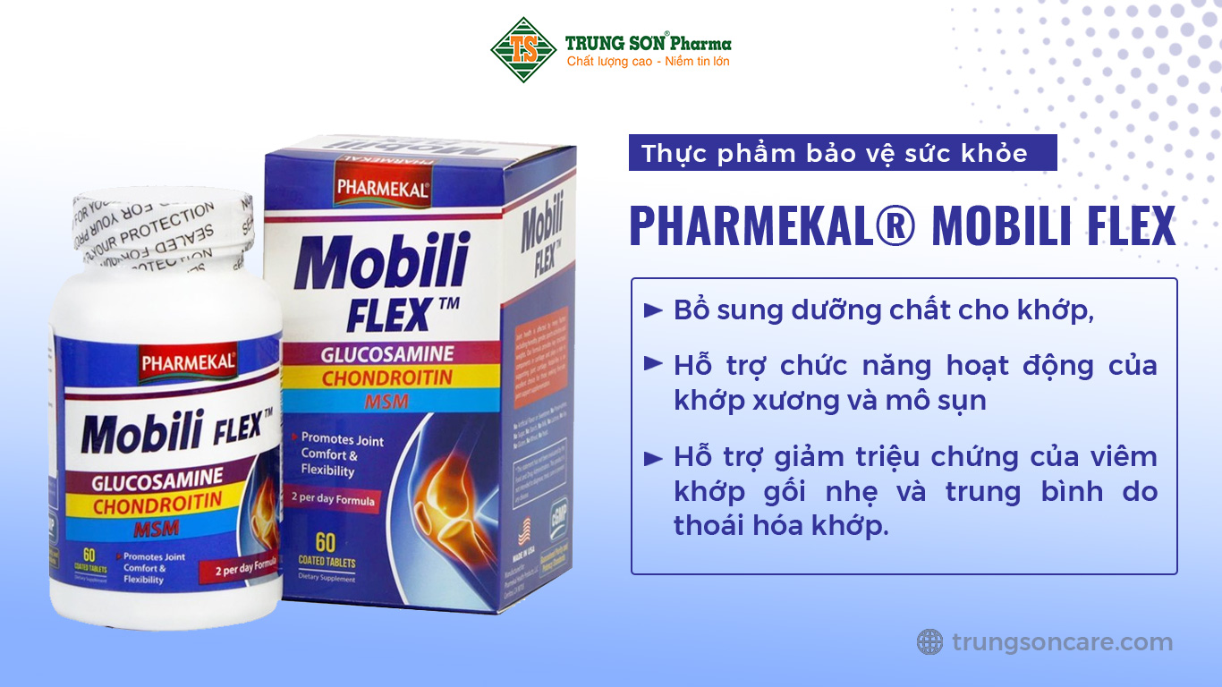 Thực phẩm bảo vệ sức khỏe PHARMEKAL® MOBILI FLEX bổ sung dưỡng chất cho khớp, hỗ trợ chức năng hoạt động của khớp xương và mô sụn. Hỗ trợ giảm triệu chứng của viêm khớp gối nhẹ và trung bình do thoái hóa khớp.