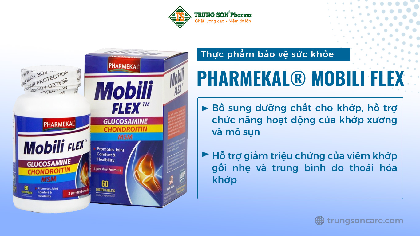 Thực phẩm bảo vệ sức khỏe PHARMEKAL® MOBILI FLEX bổ sung dưỡng chất cho khớp, hỗ trợ chức năng hoạt động của khớp xương và mô sụn. Hỗ trợ giảm triệu chứng của viêm khớp gối nhẹ và trung bình do thoái hóa khớp.