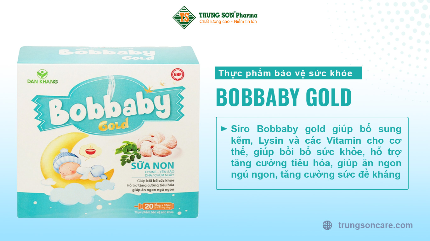 Siro Bobbaby gold giúp bổ sung kẽm, Lysin và các Vitamin cho cơ thể, giúp bồi bổ sức khỏe, hỗ trợ tăng cường tiêu hóa, giúp ăn ngon ngủ ngon, tăng cường sức đề kháng