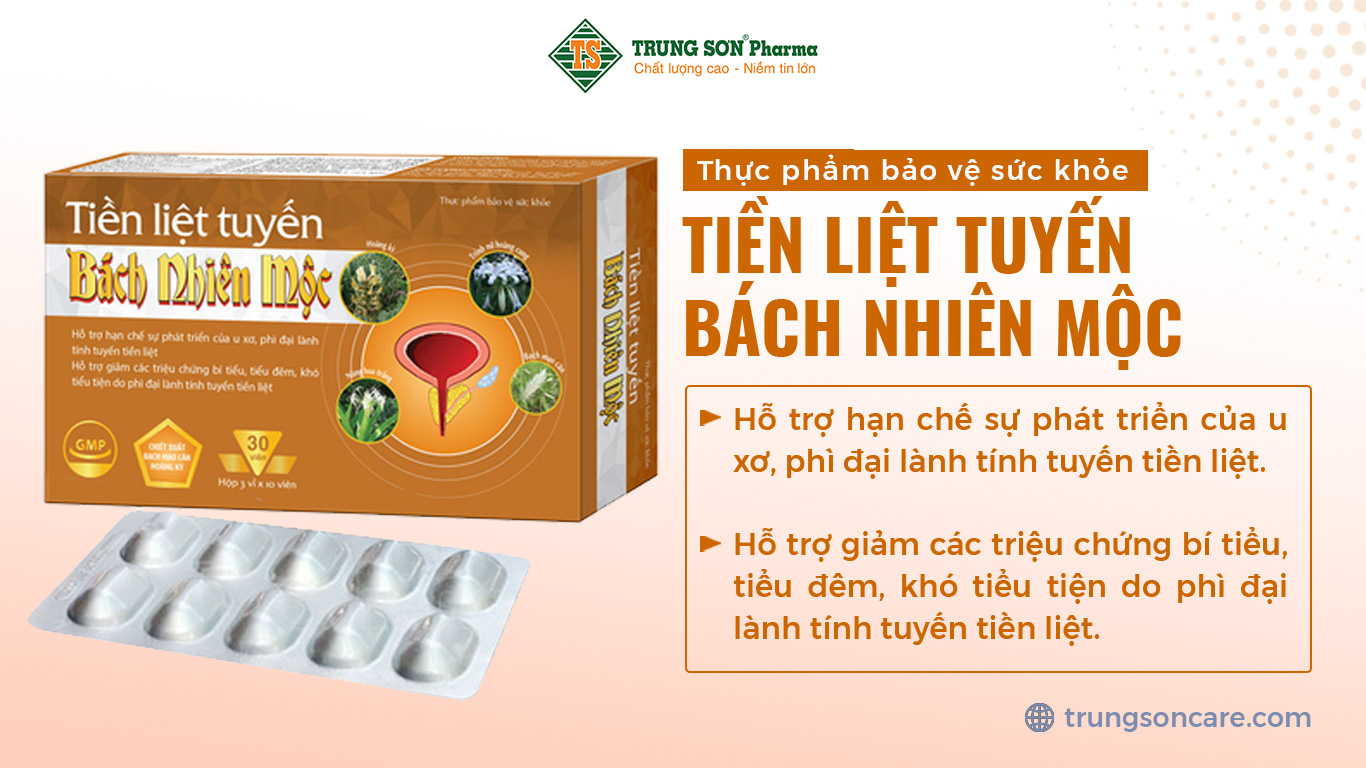 Thực phẩm bảo vệ sức khoẻ Tiền liệt tuyến Bách Nhiên Mộc hỗ trợ hạn chế sự phát triển của u xơ, phì đại lành tính tuyến tiền liệt. Hỗ trợ giảm các triệu chứng bí tiểu, tiểu đêm, khó tiểu tiện do phì đại lành tính tuyến tiền liệt.