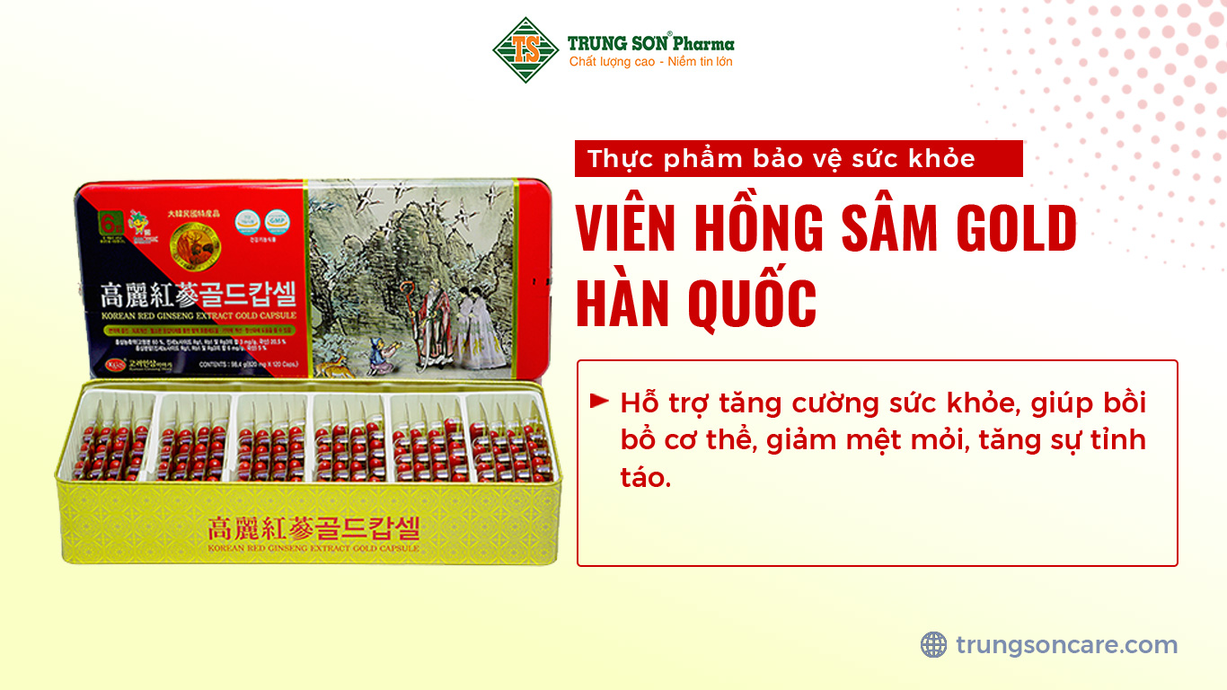 Thực phẩm bảo vệ sức khỏe VIÊN HỒNG SÂM GOLD HÀN QUỐC - KOREAN RED GINSENG EXTRACT GOLD CAPSULE hỗ trợ tăng cường sức khỏe, giúp bồi bổ cơ thể, giảm mệt mỏi, tăng sự tỉnh táo.