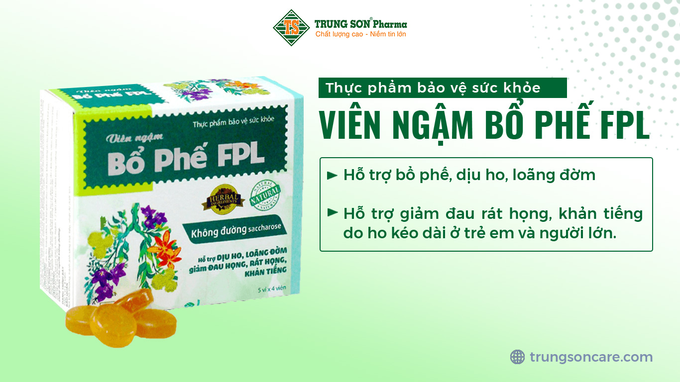 Thực phẩm bảo vệ sức khỏe Viên ngậm Bổ phế FPL hỗ trợ bổ phế, dịu ho, loãng đờm, hỗ trợ giảm đau rát họng, khản tiếng do ho kéo dài ở trẻ em và người lớn.