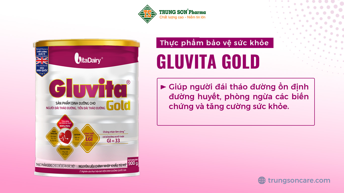 Thực phẩm dùng cho chế độ ăn đặc biệt Gluvita Gold với công thức cân đối, tăng cường các thành phần dinh dưỡng đặc chế giúp người đái tháo đường ổn định đường huyết, phòng ngừa các biến chứng và tăng cường sức khỏe.