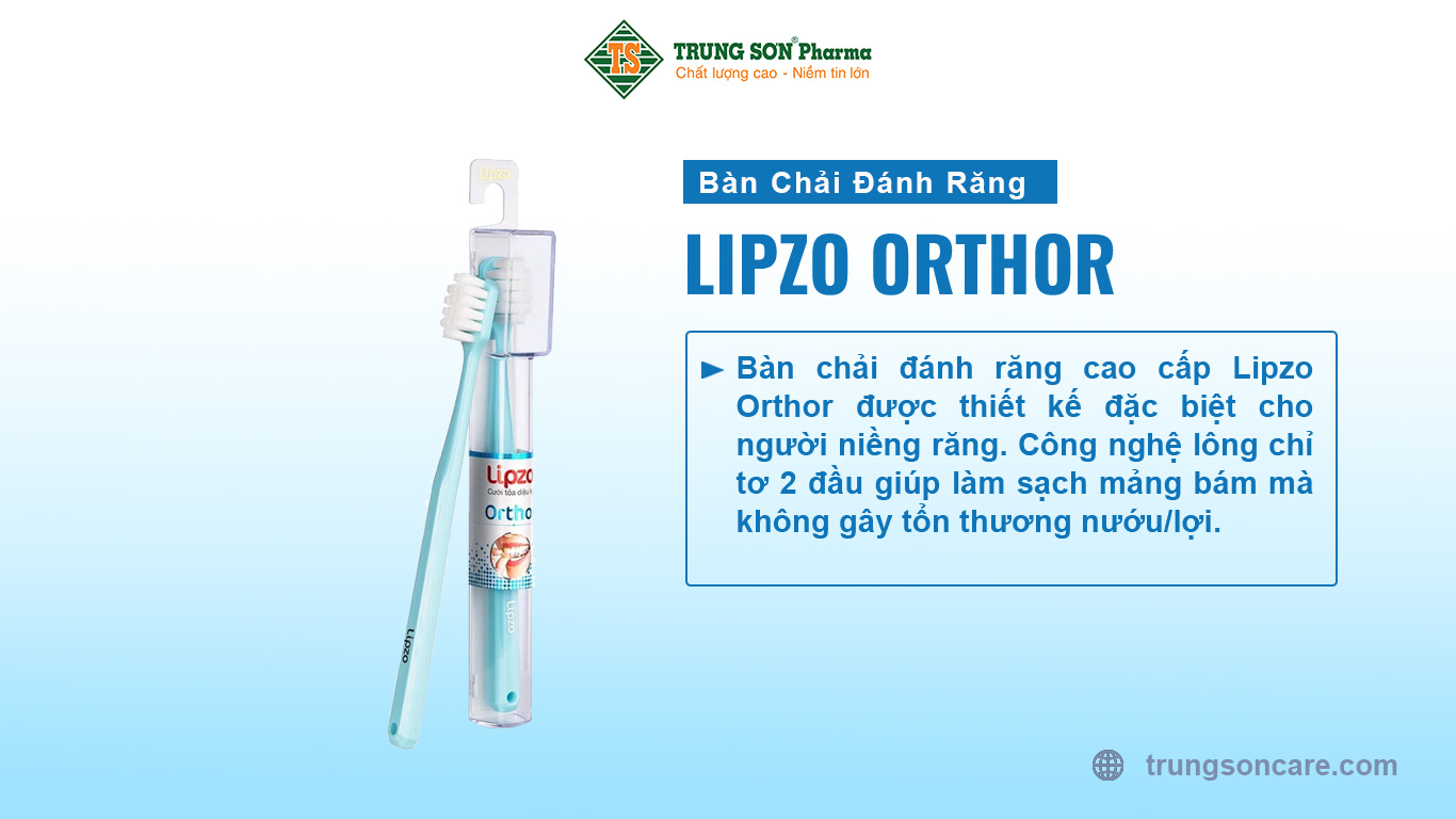 Bàn chải đánh răng cao cấp Lipzo Orthor được thiết kế đặc biệt cho người niềng răng. Công nghệ lông chỉ tơ 2 đầu giúp làm sạch mảng bám mà không gây tổn thương nướu/lợi