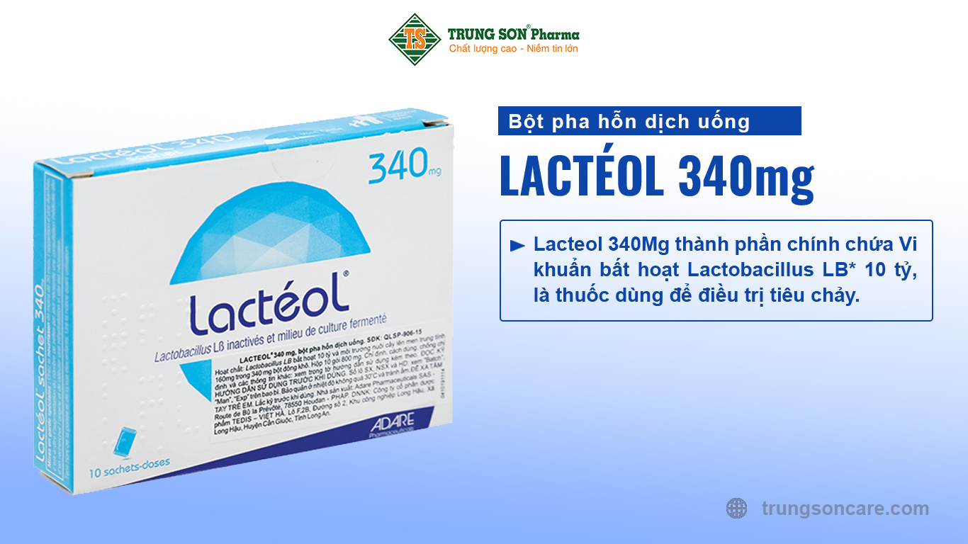 Lacteol 340Mg thành phần chính chứa Vi khuẩn bất hoạt Lactobacillus LB* 10 tỷ, là thuốc dùng để điều trị tiêu chảy. Lacteol 340Mg được bào chế dưới dạng bột pha hỗn dịch uống, hộp 10 gói, mỗi gói chứa 800 mg bột.