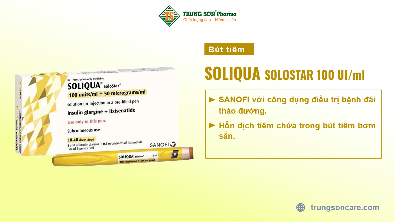 Soliqua Solostar là bút tiêm có chứa Insulin human của công ty SANOFI với công dụng điều trị bệnh đái tháo đường. Hỗn dịch tiêm chứa trong bút tiêm bơm sẵn.