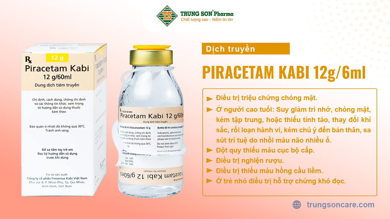 Piracetam Kabi 12 g/60 ml được sản xuất bởi công ty cổ phần Fresenius Kabi Bidiphar, thành phần chính là piracetam, là thuốc được dùng để điều trị triệu chứng chóng mặt; suy giảm trí nhớ, chóng mặt, kém tập trung, hoặc thiếu tỉnh táo, thay đổi khí sắc, rối loạn hành vi, kém chú ý đến bản thân, sa sút trí tuệ do nhồi máu não nhiều ổ ở người cao tuổi