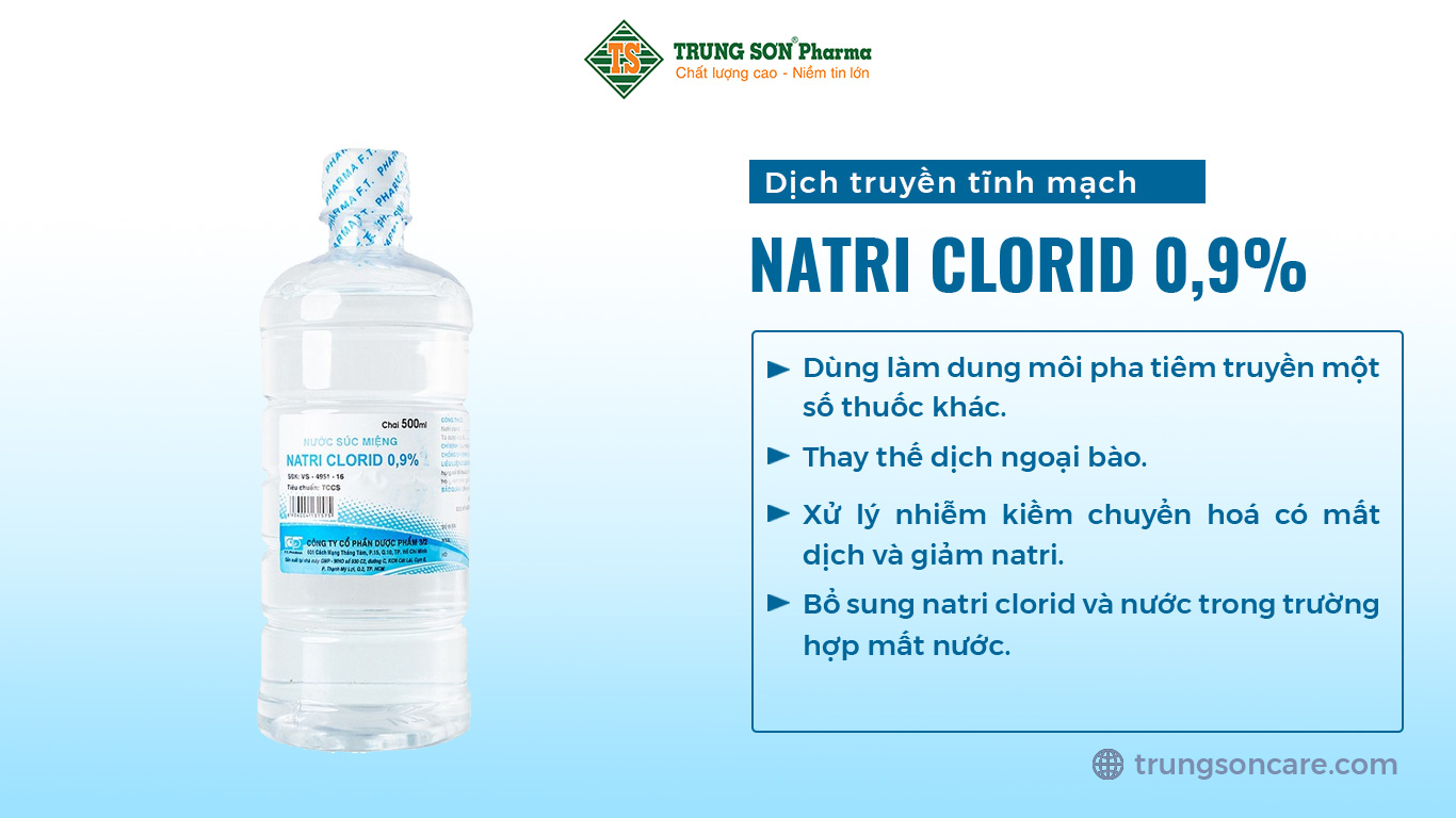 Dịch truyền tĩnh mạch Natri Clorid 0,9% B. Braun làm dung môi pha tiêm truyền một số thuốc khác. Thay thế dịch ngoại bào. Xử lý nhiễm kiềm chuyển hoá có mất dịch và giảm natri. Bổ sung natri clorid và nước trong trường hợp mất nước.