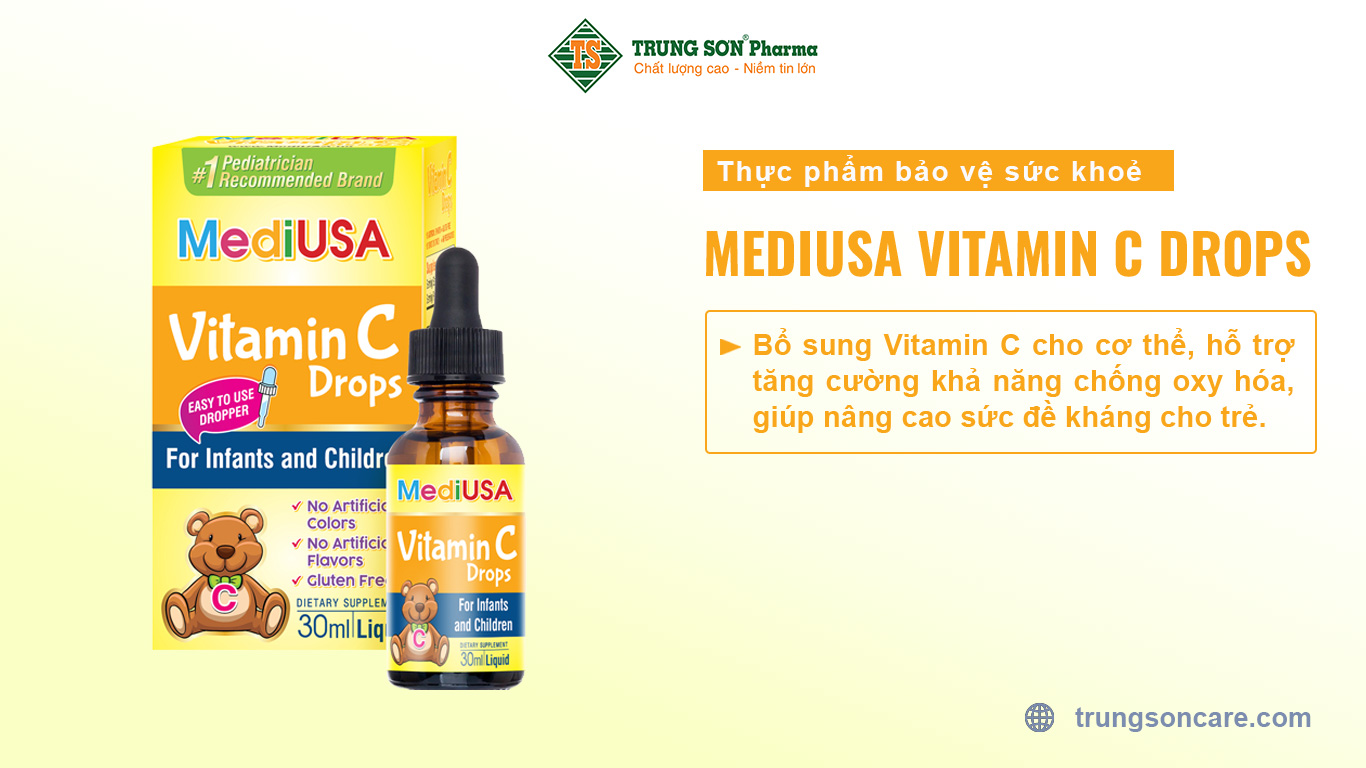 THỰC PHẨM BẢO VỆ SỨC KHỎE MediUSA VITAMIN C DROPS giúp bổ sung Vitamin C cho cơ thể, hỗ trợ tăng cường khả năng chống oxy hóa, giúp nâng cao sức đề kháng cho trẻ.