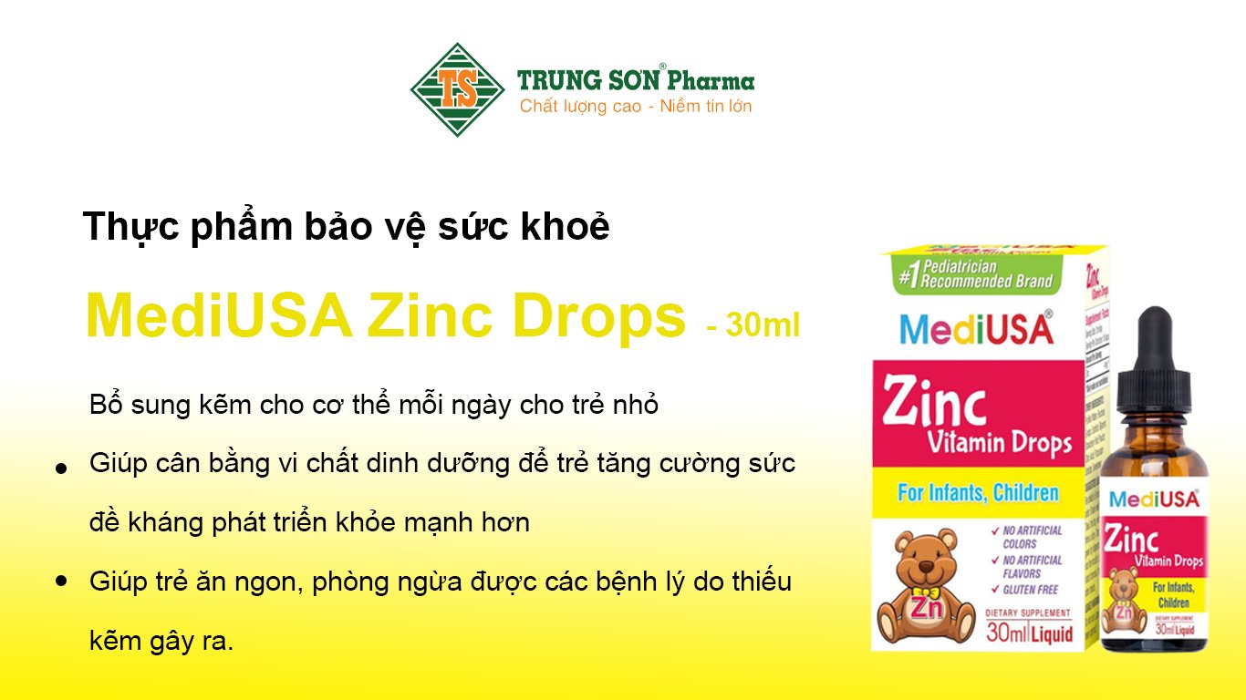 MediUSA Zinc Drops giúp bổ sung kẽm cho cơ thể, hỗ trợ cải thiện tình trạng thiếu hụt kẽm, giúp trẻ ăn ngon, hỗ trợ năng cao sức đề kháng