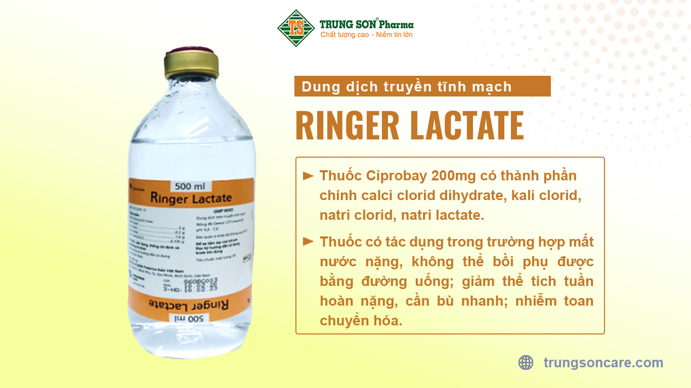 Ringer Lactate có thành phần chính là calci clorid dihydrate, kali clorid, natri clorid, natri lactate. Thuốc có tác dụng trong trường hợp mất nước nặng, không thể bồi phụ được bằng đường uống (người bệnh hôn mê, uống vào nôn ngay, trụy mạch); giảm thể tích tuần hoàn nặng, cần bù nhanh (sốc phản vệ, sốc sốt xuất huyết...); nhiễm toan chuyển hóa.