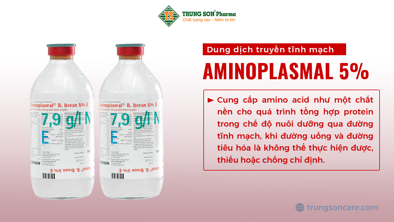 Thuốc Aminoplasmal B.Braun 5% E được sản xuất bởi công ty B.Braun – Đức, có thành phần chính là các amino acid và các chất điện giải. Thuốc Aminoplasmal B.Braun 5% E được dùng trong các trường hợp cung cấp amino acid như một chất nền cho quá trình tổng hợp protein trong chế độ nuôi dưỡng qua đường tĩnh mạch, khi đường uống và đường tiêu hóa là không thể thực hiện được, thiếu hoặc chống chỉ định. Trong nuôi dưỡng qua đường tĩnh mạch, nên luôn luôn truyền dung dịch amino acid phối hợp với một lượng thích hợp dung dịch cung cấp năng lượng, ví dụ các dung dịch carbohydrat.