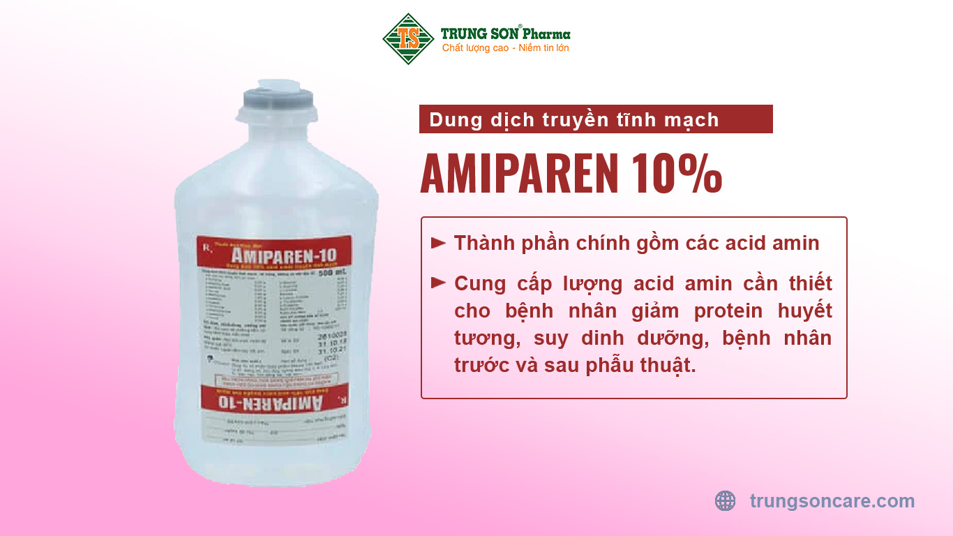 Dung dịch truyền tĩnh mạch Amiparen 10% thành phần chính gồm các acid amin, có tác dụng cung cấp lượng acid amin cần thiết cho bệnh nhân giảm protein huyết tương, suy dinh dưỡng, bệnh nhân trước và sau phẫu thuật.