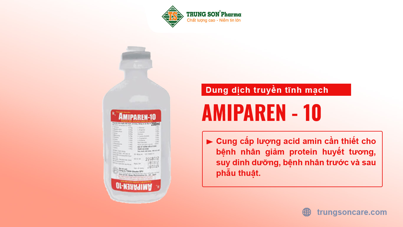 Thuốc Amiparen - 10 được sử dụng để cung cấp lượng acid amin cần thiết cho bệnh nhân giảm protein huyết tương, suy dinh dưỡng, bệnh nhân trước và sau phẫu thuật.