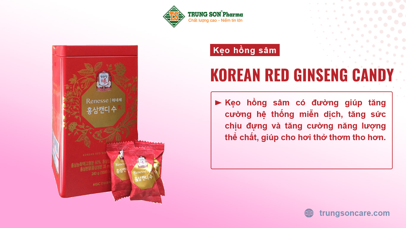 Kẹo hồng sâm - Korean Red Ginseng Candy (240g) được chiết xuất hồng sâm KGC Hàn Quốc 6 năm tuổi. Kẹo hồng sâm có đường giúp tăng cường hệ thống miễn dịch, tăng sức chịu đựng và tăng cường năng lượng thể chất, giúp cho hơi thở thơm tho hơn.