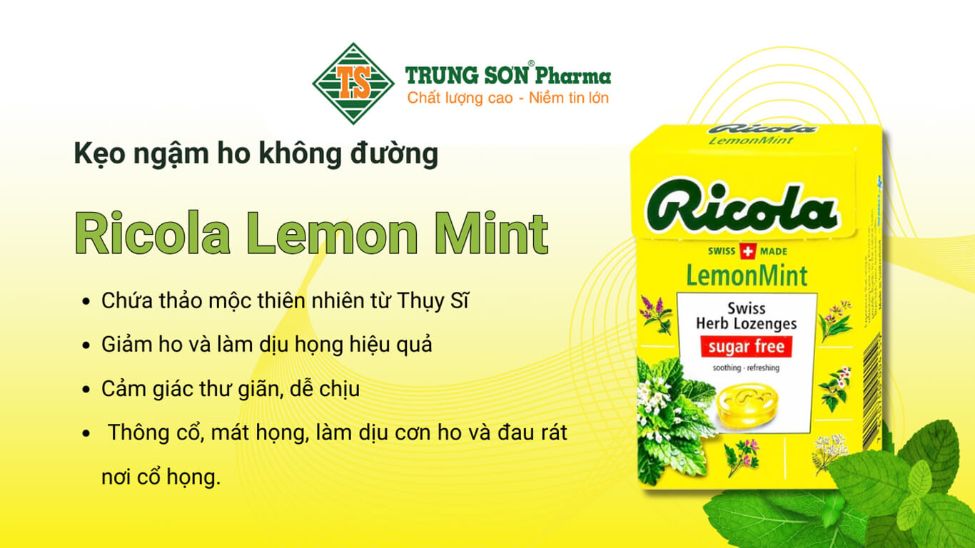 Kẹo ngậm ho không đường Ricola Lemon Mint - Giảm ho và làm dịu họng hiệu quả