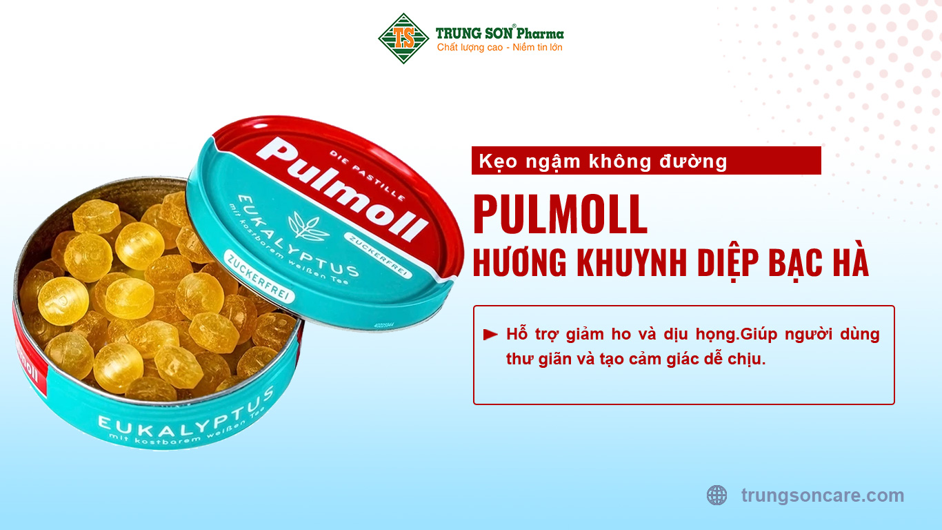 Kẹo ngậm không đường Pulmoll Hương Khuynh Diệp Bạc Hà hỗ trợ giảm ho và dịu họng.Giúp người dùng thư giãn và tạo cảm giác dễ chịu