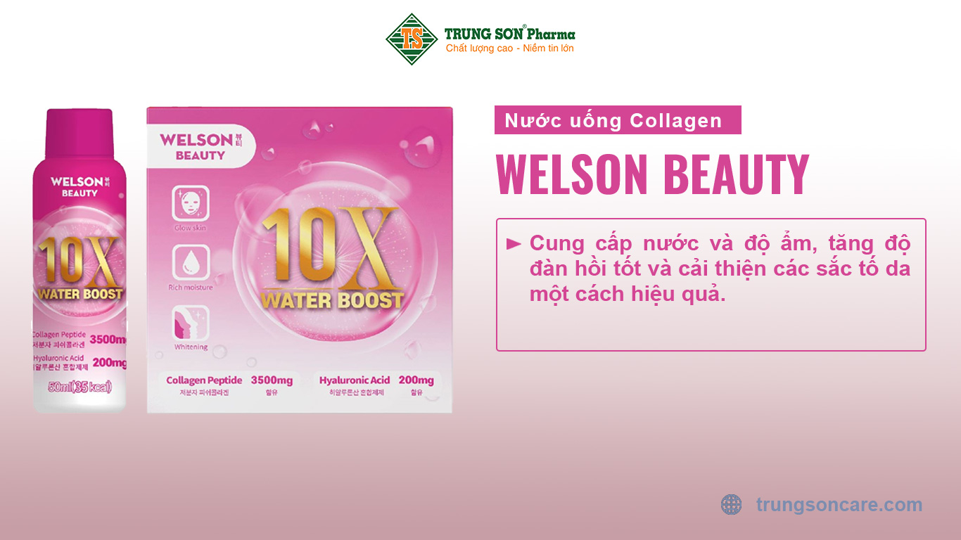 NƯỚC UỐNG COLLAGEN WELSON BEAUTY 10X WATER BOOST giúp cung cấp nước và độ ẩm, tăng độ đàn hồi tốt và cải thiện các sắc tố da một cách hiệu quả.