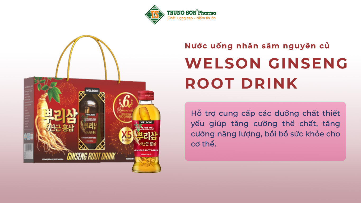 Nước uống nhân sâm nguyên củ Welson Ginseng root drink hỗ trợ cung cấp các dưỡng chất thiết yếu giúp tăng cường thể chất, tăng cường năng lượng, bồi bổ sức khỏe cho cơ thể.