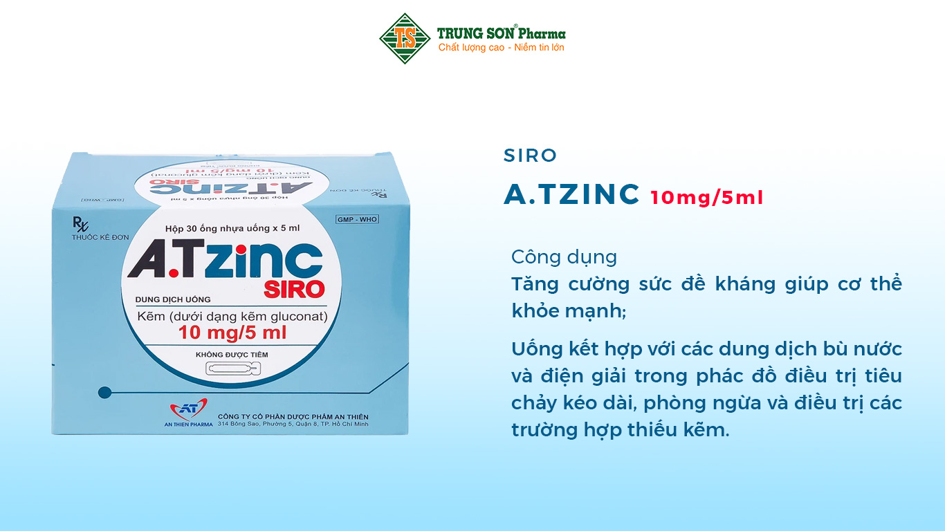 Siro A.T Zinc có thành phần chính chứa kẽm (dưới dạng kẽm gluconat). Đây là thuốc bổ sung kẽm cho trẻ em và người lớn, tăng cường sức đề kháng giúp cơ thể khỏe mạnh; uống kết hợp với các dung dịch bù nước và điện giải trong phác đồ điều trị tiêu chảy kéo dài, phòng ngừa và điều trị các trường hợp thiếu kẽm.