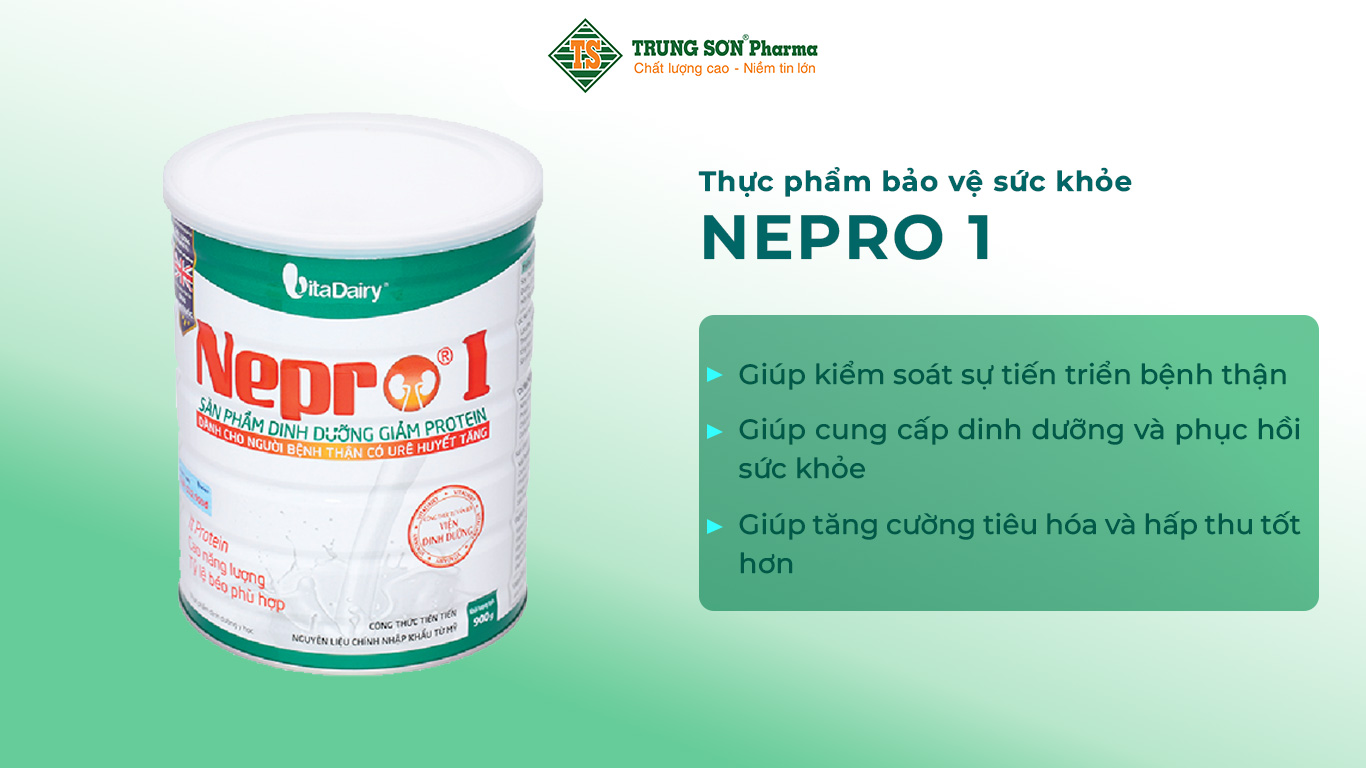 Sữa bột cho người lớn Nepro 1 cung cấp một chế độ ăn có tỷ lệ Protein thấp, ít Natri, Kali, Photpho, đảm bảo năng lượng và các Axit Amin, Vitamin và Khoáng chất thiết yếu cho đối tượng cần chế độ ăn giảm Protein, người bệnh thận có Urê huyết tăng. Giúp bồi bổ và phục hồi sức khỏe. Nepro 1 giúp hấp thu và tiêu hóa tốt.