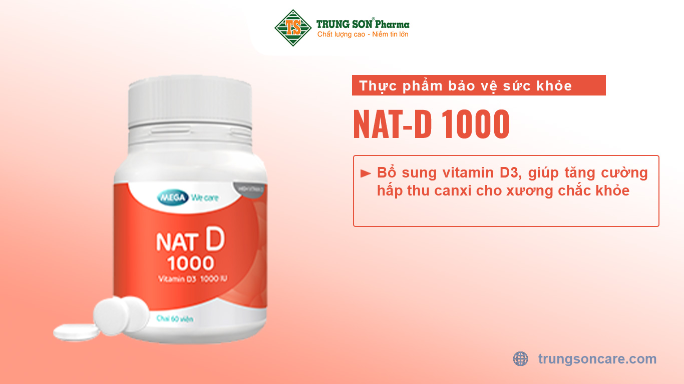 Thực phẩm bảo vệ sức khỏe NAT-D 1000 Bổ sung vitamin D3, giúp tăng cường hấp thu canxi cho xương chắc khỏe