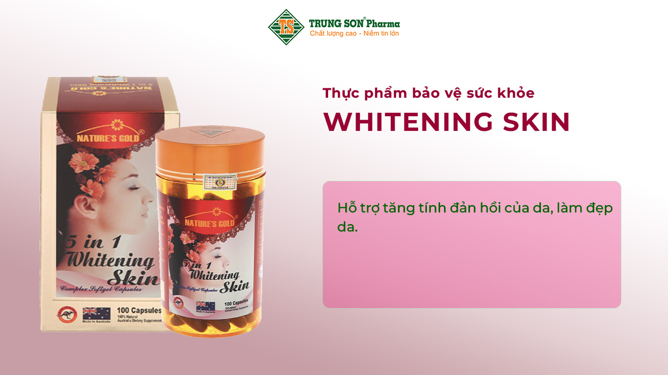 Thực phẩm bảo vệ sức khỏe 5in1 WHITENING SKIN hỗ trợ tăng tính đản hồi của da, làm đẹp da.