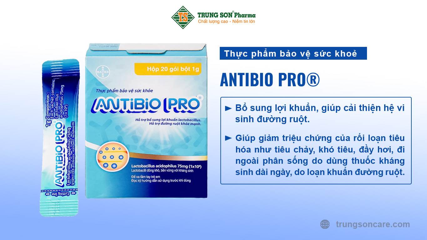 Thực phẩm bảo vệ sức khỏe Antibio Pro® Lactobacillus acidophilus 75mg Bổ sung lợi khuẩn, giúp cải thiện hệ vi sinh đường ruột. Giúp giảm triệu chứng của rối loạn tiêu hóa như tiêu chảy, khó tiêu, đầy hơi, đi ngoài phân sống do dùng thuốc kháng sinh dài ngày, do loạn khuẩn đường ruột.