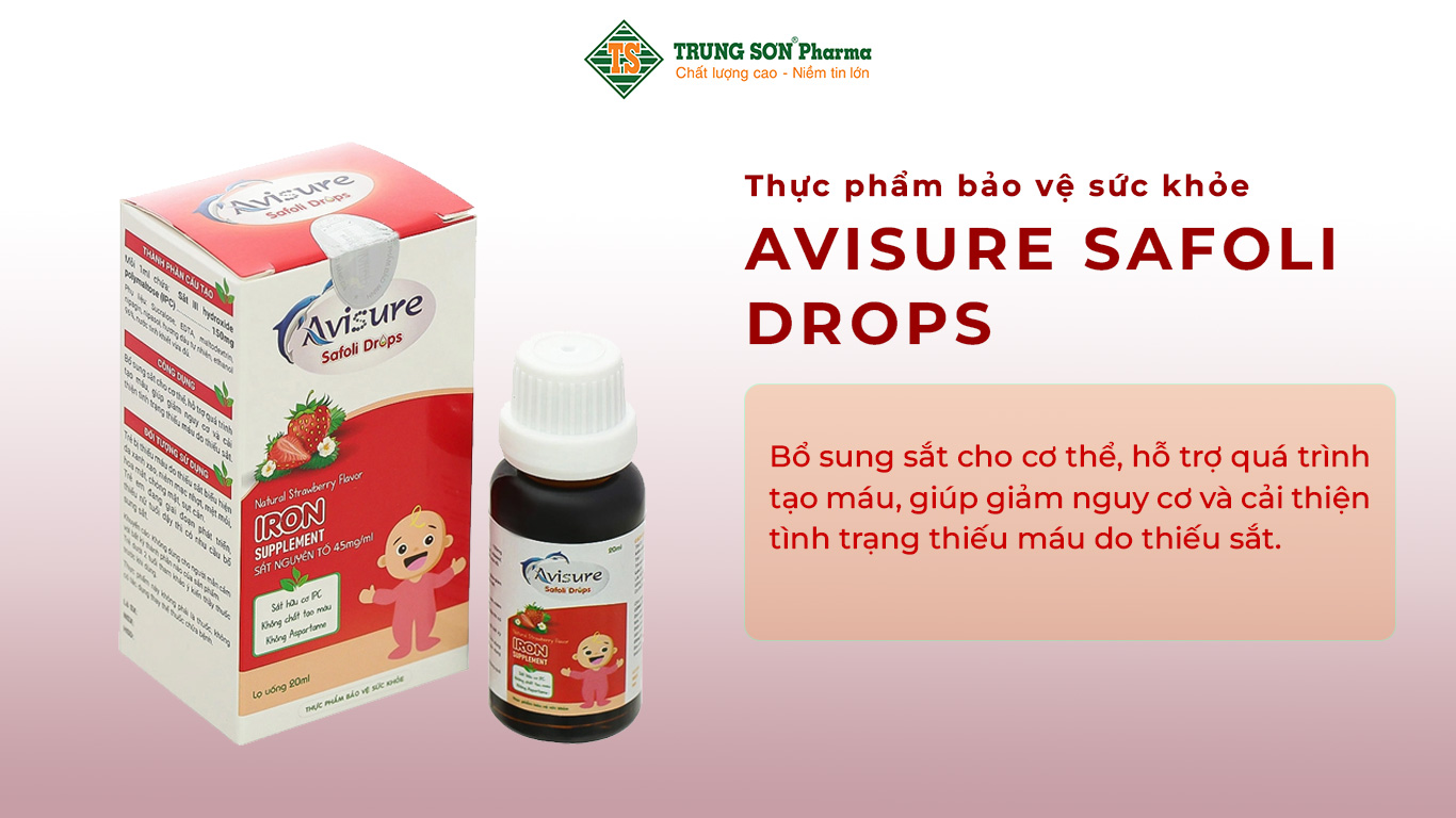 Thực phẩm bảo vệ sức khỏe Avisure Safoli Drops bổ sung sắt cho cơ thể, hỗ trợ quá trình tạo máu, giúp giảm nguy cơ và cải thiện tình trạng thiếu máu do thiếu sắt.