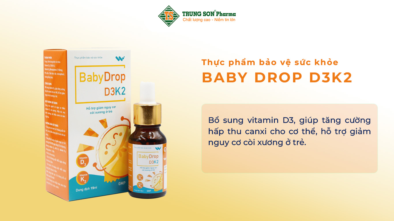 Thực phẩm bảo vệ sức khỏe BABY DROP D3K2 giúp bổ sung vitamin D3, giúp tăng cường hấp thu canxi cho cơ thể, hỗ trợ giảm nguy cơ còi xương ở trẻ.