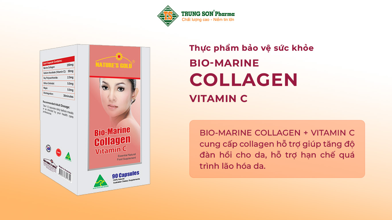 BIO-MARINE COLLAGEN + VITAMIN C cung cấp collagen hỗ trợ giúp tăng độ đàn hồi cho da, hỗ trợ hạn chế quá trình lão hóa da.