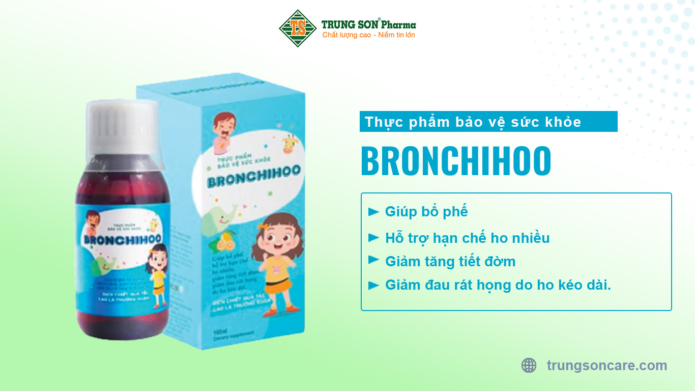 Thực phẩm bảo vệ sức khỏe BRONCHIHOO giúp bổ phế, hỗ trợ hạn chế ho nhiều, giảm tăng tiết đờm, giảm đau rát họng do ho kéo dài.