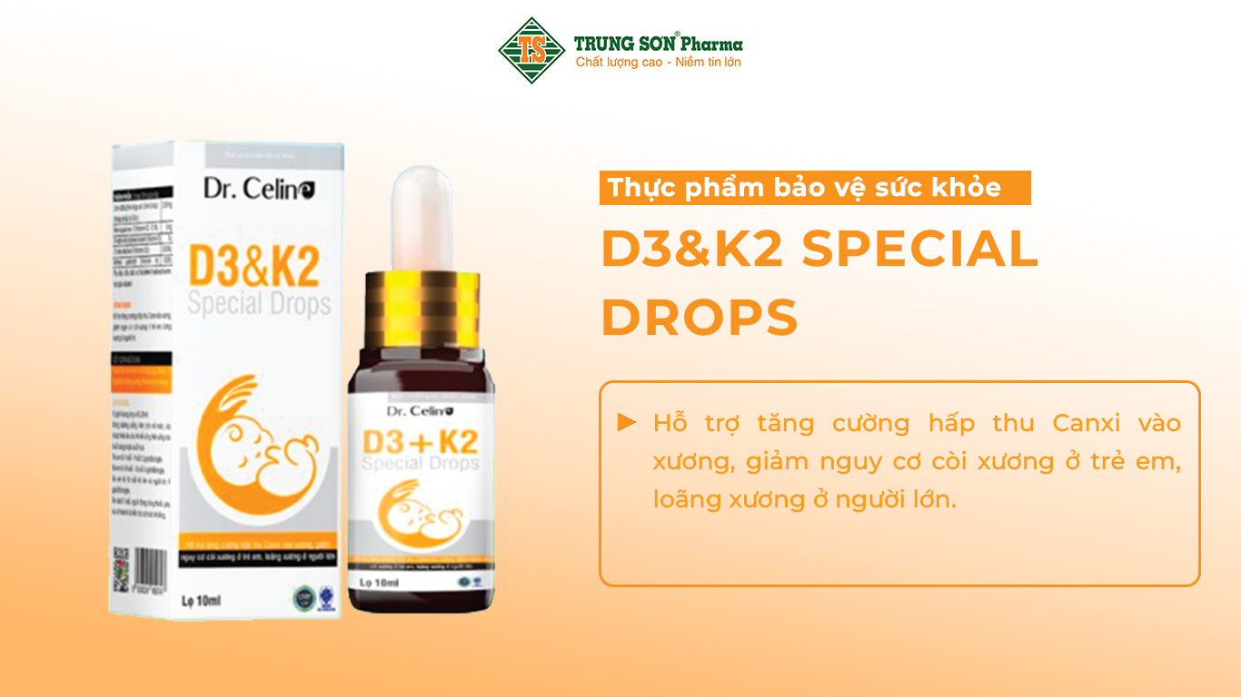 Thực phẩm bảo vệ sức khỏe D3&K2 Special Drops hỗ trợ tăng cường hấp thu Canxi vào xương, giảm nguy cơ còi xương ở trẻ em, loãng xương ở người lớn.