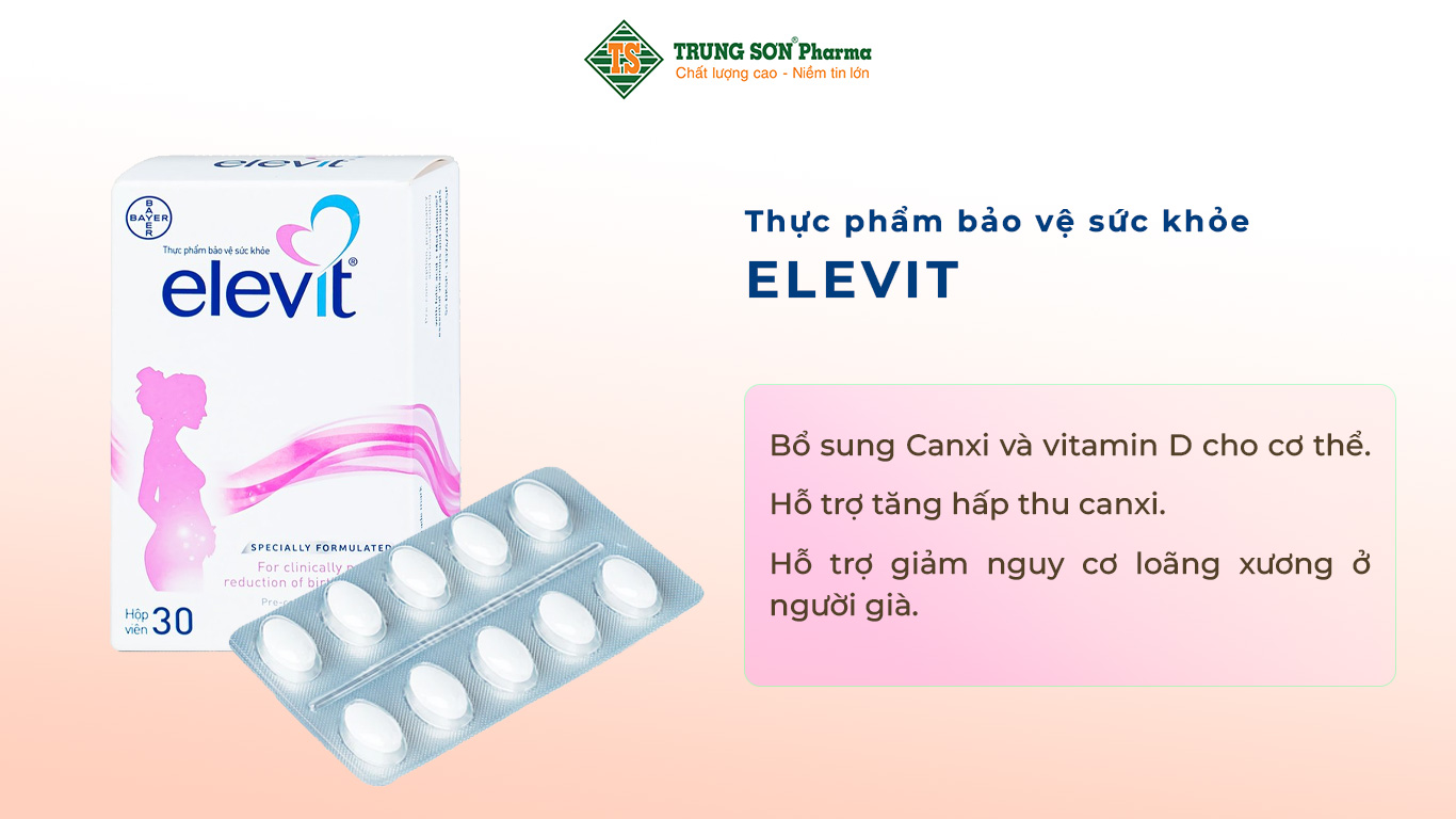 Thực phẩm bảo vệ sức khỏe Elevit giúp bổ sung acid folic, sắt và các vitamin, khoáng chất cần thiết cho phụ nữ chuẩn bị mang thai, đang mang thai và cho con bú, hỗ trợ tăng cường sức khoẻ, hỗ trợ nâng cao sức đề kháng, hỗ trợ giảm nguy cơ thiếu hụt vitamin và khoáng chất, hỗ trợ thai kỳ khoẻ mạnh.