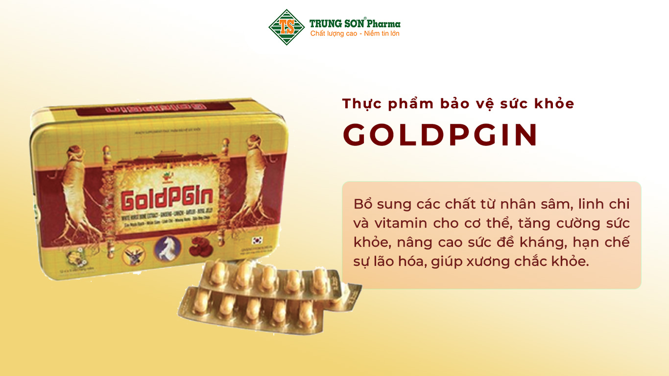 Thực phẩm bảo vệ sức khỏe GoldPgin bổ sung các chất từ nhân sâm, linh chi và vitamin cho cơ thể, tăng cường sức khỏe, nâng cao sức đề kháng, hạn chế sự lão hóa, giúp xương chắc khỏe.