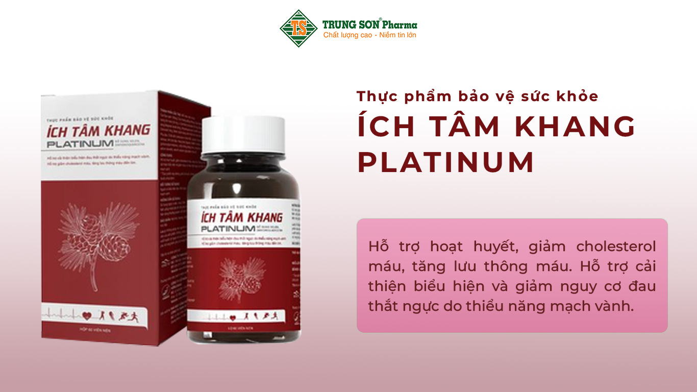 Thực phẩm bảo vệ sức khỏe Ích Tâm Khang Platinum hỗ trợ hoạt huyết, giảm cholesterol máu, tăng lưu thông máu. Hỗ trợ cải thiện biểu hiện và giảm nguy cơ đau thắt ngực do thiểu năng mạch vành.