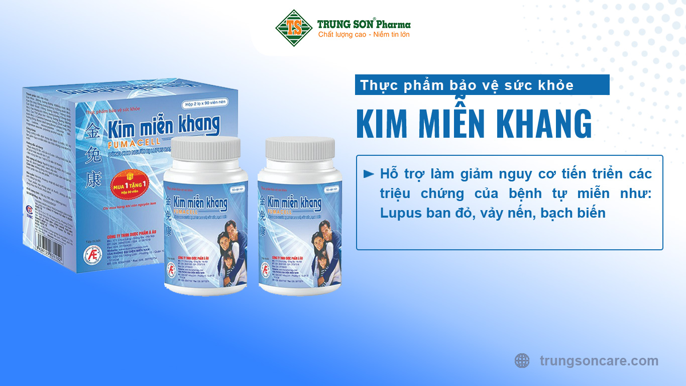 Thực phẩm bảo vệ sức khỏe Kim Miễn Khang (180 viên) hỗ trợ làm giảm nguy cơ tiến triển các triệu chứng của bệnh tự miễn như: Lupus ban đỏ, vảy nến, bạch biến